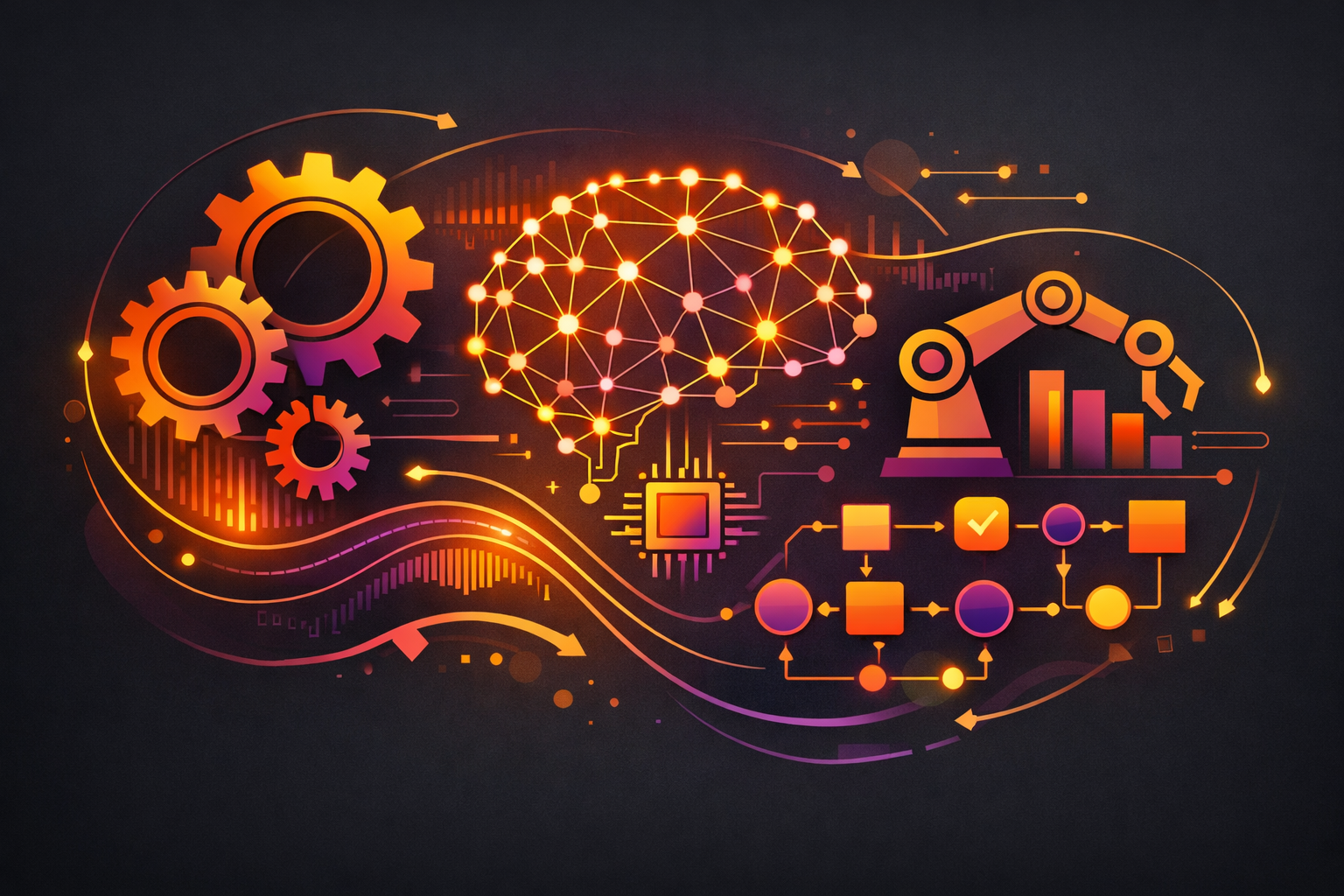 AI-assisted workflows showing robotic and human collaboration with AI neural networks